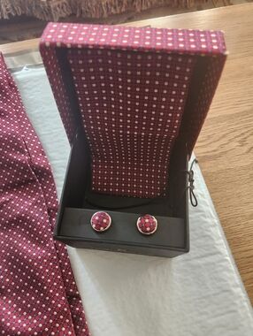 Red Geometric Silk Tie and Matching Cufflinks Set By Valerio Garati